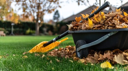 A wheelbarrow filled with vibrant autumn leaves leans against a pile on the green grass, accompanied by a bright yellow rake, ready for fall cleanup