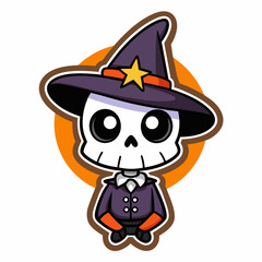 Adorable Halloween Skeleton with Witch Hat - Baby Sticker Design on White Background  art vector illustration