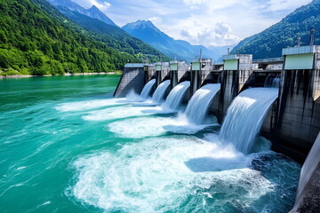 A hydroelectric dam, water rushing through turbines, highlighting clean energy production