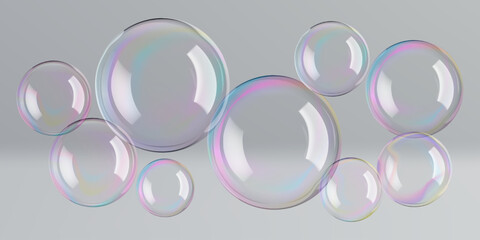 Transparent circle soap bubbles float in bath water, 3D sphere. Rainbow glass ball reflects soap suds. Liquid drops, gradient contrast flare on black wash, design elements for air balloons in wind.
