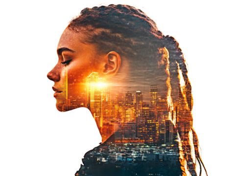 a woman with her eyes closed and a city in the background