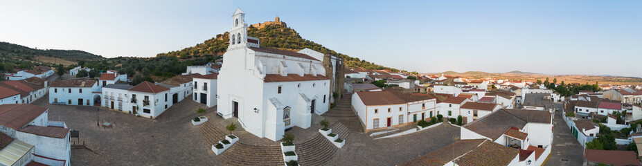 Panoramic view Church of Our Lady of Remedies in Alconchel, Badajoz, Extremadura, Spain