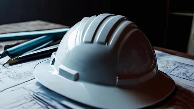 White Hard Hat on Construction Blueprints with Pencils