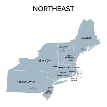 Northeast, census region of the United States of America, gray political map of census region 1, consisting of 9 single states. Map with geographical borders and capitals. Isolated illustration.