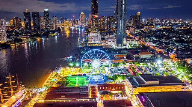 Bangkok city and Chao phraya river at night, Thailand.
