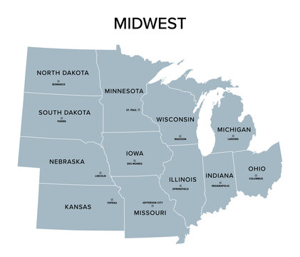 Midwest, census region of the United States of America, gray political map of census region 2, consisting of 12 single states. Map with geographical borders and capitals. Isolated illustration.