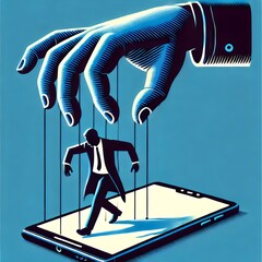 This striking image portrays a hand manipulating a figure on strings, symbolizing the control and influence technology has over human actions in the digital age.