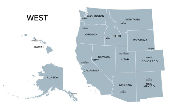 West, census region of the United States of America, gray political map of census region 4, consisting of 13 single states. Map with geographical borders and capitals. Isolated illustration.