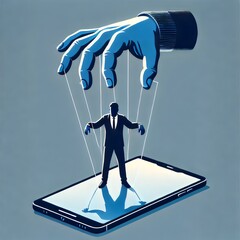 This striking illustration captures the concept of digital control, with a large hand manipulating a businessman like a puppet over a smartphone