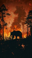 A bear stands silhouetted against the fiery backdrop of a forest engulfed in flames