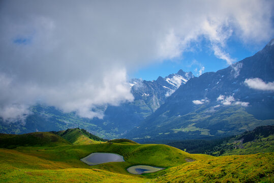Grindelwald Valley landscape with Wetterhorn, Schreckhorn, Eiger, Monch and Jungfrau mountains, Switzerland