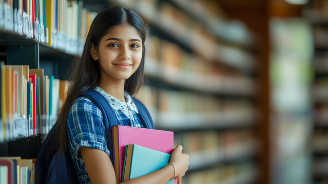 Indian school girl holding books in a library. Teenage female student smiling showing education and study