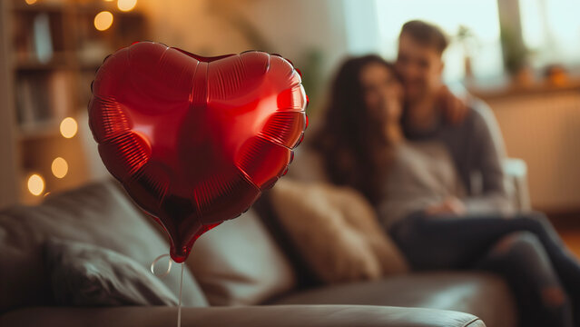 Red heart-shaped balloon in focus with a couple sitting on a sofa in the background, creating a romantic and cozy atmosphere at home. Perfect for Valentine's Day, love themes, and celebration of relat