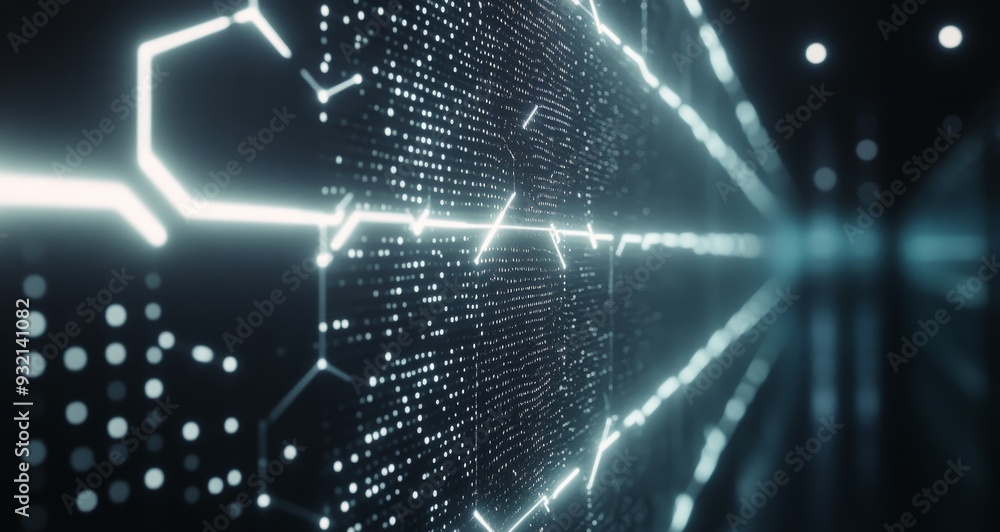 Poster futuristic data corridor with glowing lines and hexagonal shapes at night