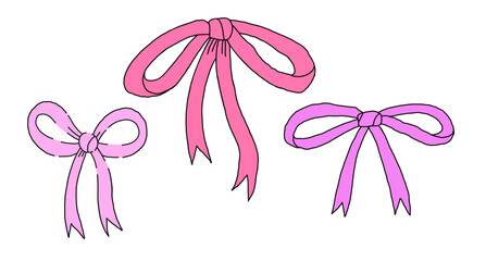 Set of pastel pink ribbon bows. Hand drawn decorative bow elements sketch style illustration.