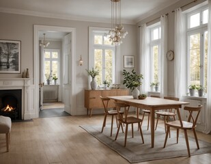 A large, open living room with a fireplace and a dining table with wooden chairs