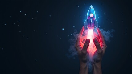 Two hands hold a glowing blue rocket against a dark background. Smoke trails signify liftoff and progress. Perfect for space exploration, science fiction, and futuristic themes.