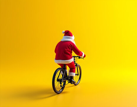 Portrait of Santa Claus riding bicycle, cycling Santa Claus in Santa attire confidently. Isolated on yellow background.