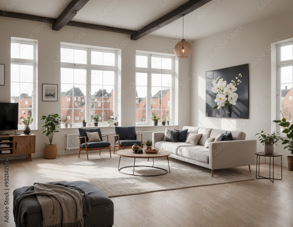 Wall mural a large living room with a white couch, two chairs, and a coffee table