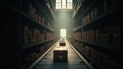 Warehouse aisle with neatly stacked cardboard boxes on shelves. Bright lighting illuminates the organized storage space. Perfect for logistics, warehousing, and inventory management. 