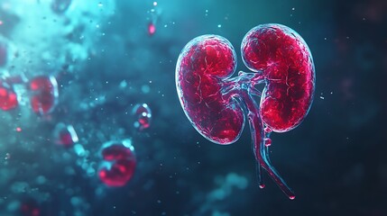3D illustration of human kidneys with blood cells in the background.