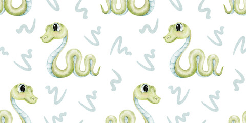 Watercolor seamless pattern of Cute crawling green snakes. Hand drawn print of baby reptile. Background for kid goods, textiles, fabric, scrapbook, office supplies