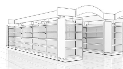 Retail empty shelving mockup with toppers and advertising aisle arches displays. 3d illustration
