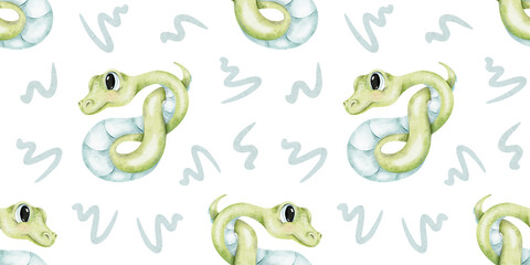 Cute green snakes curled into a knot. Watercolor seamless pattern. Hand drawn print of baby reptile. Background for kid goods, textiles, fabric, scrapbook, office supplies