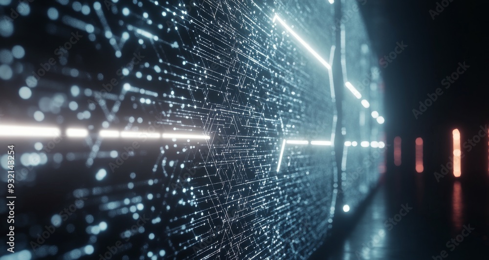 Aufkleber futuristic data corridor with glowing lines and hexagonal shapes at night