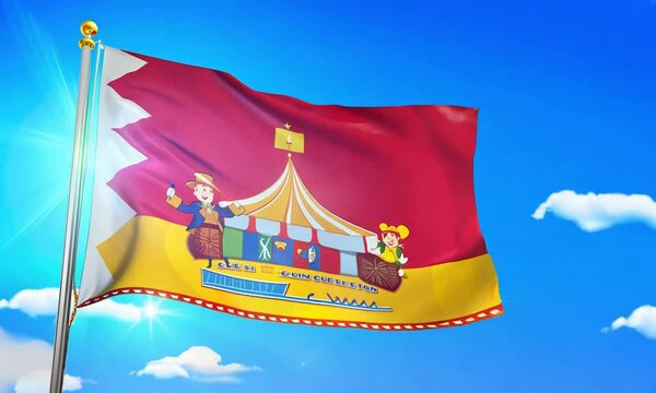 "Create a playful flag for a circus town, with a ringmaster, trapeze artist, and animals performing tricks."