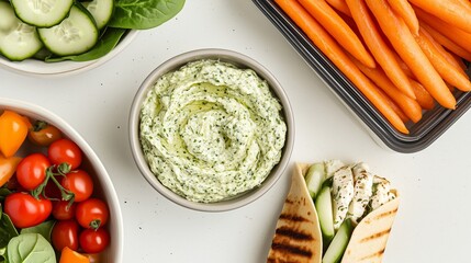 A colorful assortment of fresh vegetables and creamy herb dip for a healthy snack or appetizer spread.