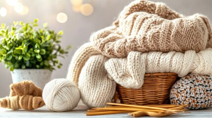A collection of beige and white knitted garments rests on a table, accompanied by knitting needles, yarn, and a small potted plant, creating a warm crafting atmosphere