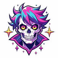 Epic Anime Skull Vector T-Shirt Design, Glitch Aesthetic, Starry Shimmer, Crisp White Background