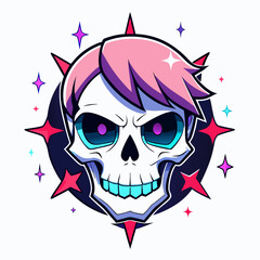 Epic Anime Skull Vector T-Shirt Design, Glitch Aesthetic, Starry Shimmer, Crisp White Background