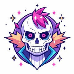 Epic Anime Skull Vector T-Shirt Design, Glitch Aesthetic, Starry Shimmer, Crisp White Background