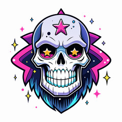Epic Anime Skull Vector T-Shirt Design, Glitch Aesthetic, Starry Shimmer, Crisp White Background