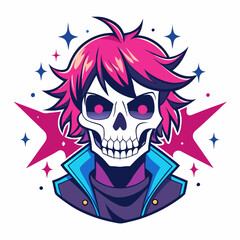 Epic Anime Skull Vector T-Shirt Design, Glitch Aesthetic, Starry Shimmer, Crisp White Background