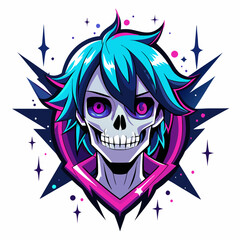 Epic Anime Skull Vector T-Shirt Design, Glitch Aesthetic, Starry Shimmer, Crisp White Background