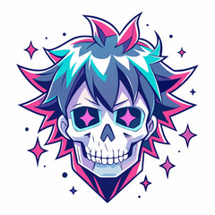 Epic Anime Skull Vector T-Shirt Design, Glitch Aesthetic, Starry Shimmer, Crisp White Background