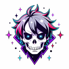 Epic Anime Skull Vector T-Shirt Design, Glitch Aesthetic, Starry Shimmer, Crisp White Background