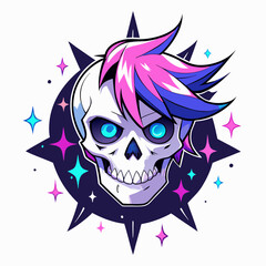 Epic Anime Skull Vector T-Shirt Design, Glitch Aesthetic, Starry Shimmer, Crisp White Background
