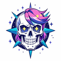 Epic Anime Skull Vector T-Shirt Design, Glitch Aesthetic, Starry Shimmer, Crisp White Background