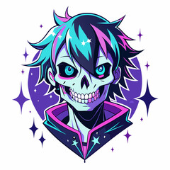 Epic Anime Skull Vector T-Shirt Design, Glitch Aesthetic, Starry Shimmer, Crisp White Background
