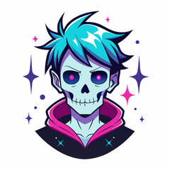 Epic Anime Skull Vector T-Shirt Design, Glitch Aesthetic, Starry Shimmer, Crisp White Background