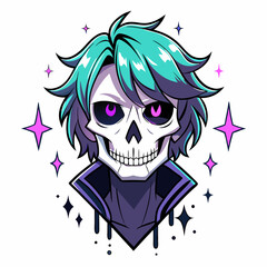 Epic Anime Skull Vector T-Shirt Design, Glitch Aesthetic, Starry Shimmer, Crisp White Background
