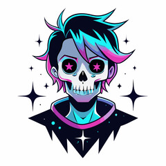 Epic Anime Skull Vector T-Shirt Design, Glitch Aesthetic, Starry Shimmer, Crisp White Background