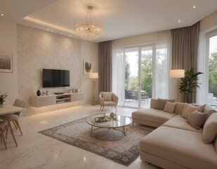 Fototapeta premium A living room with a white couch, a coffee table, and a TV