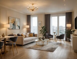 A modern living room with a chandelier and a large painting on the wall