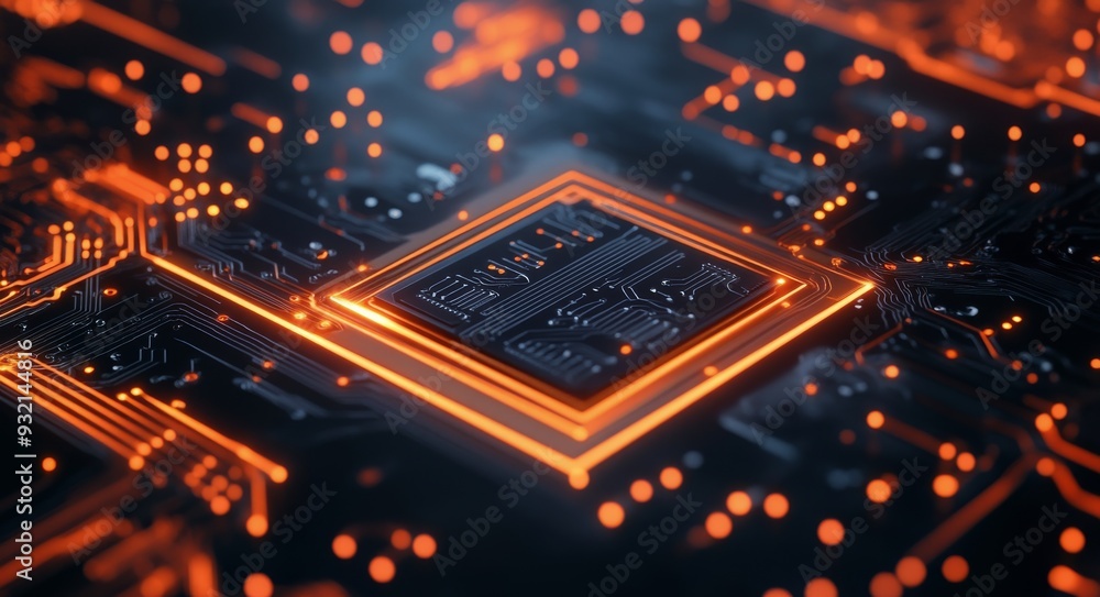 Poster close-up of a glowing circuit board with orange lights and intricate patterns