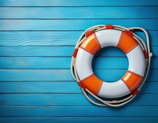 Lifebuoy on blue wooden background. Top view with copy space